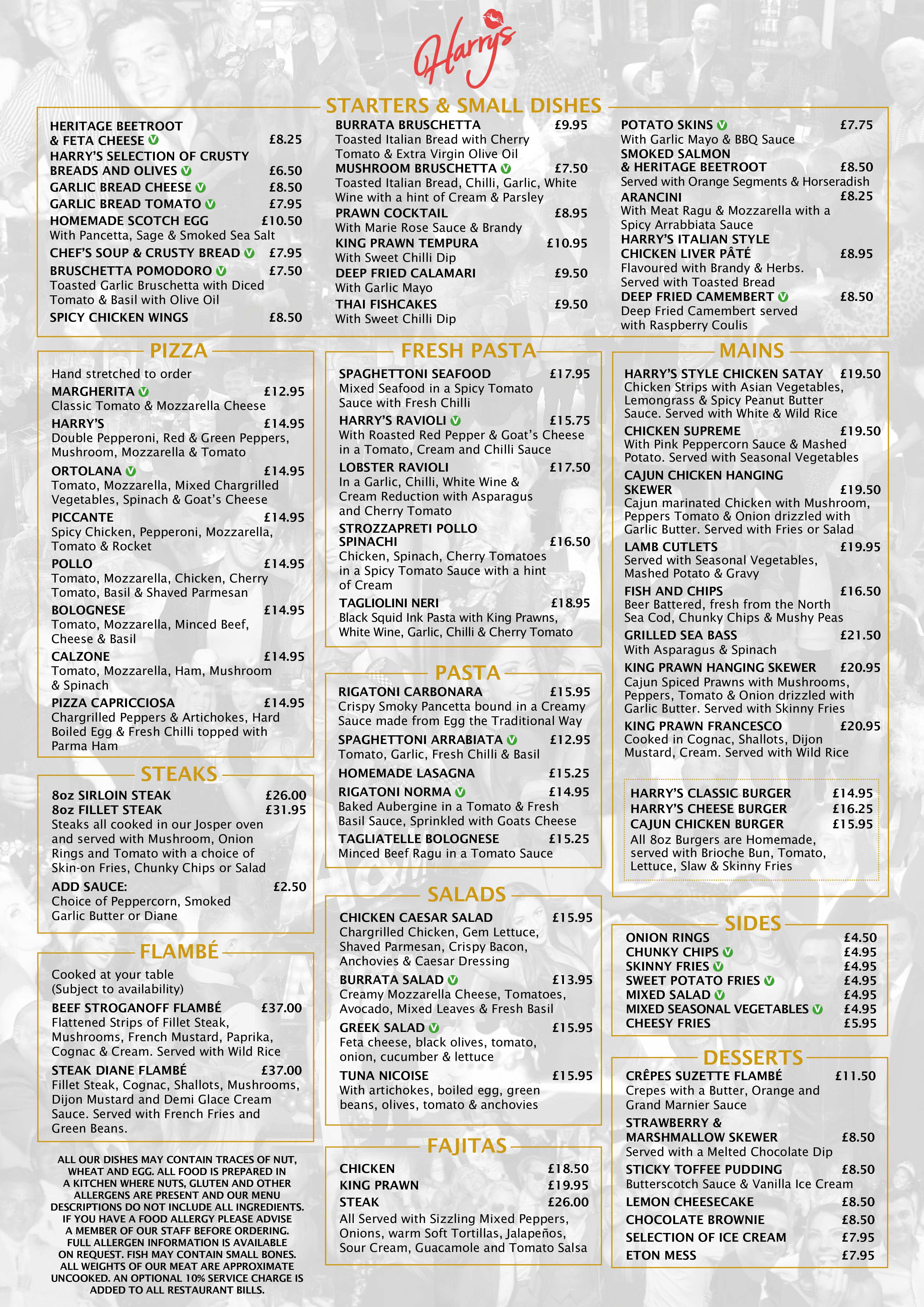 Harry's Bar Newcastle - Main Menu 2026