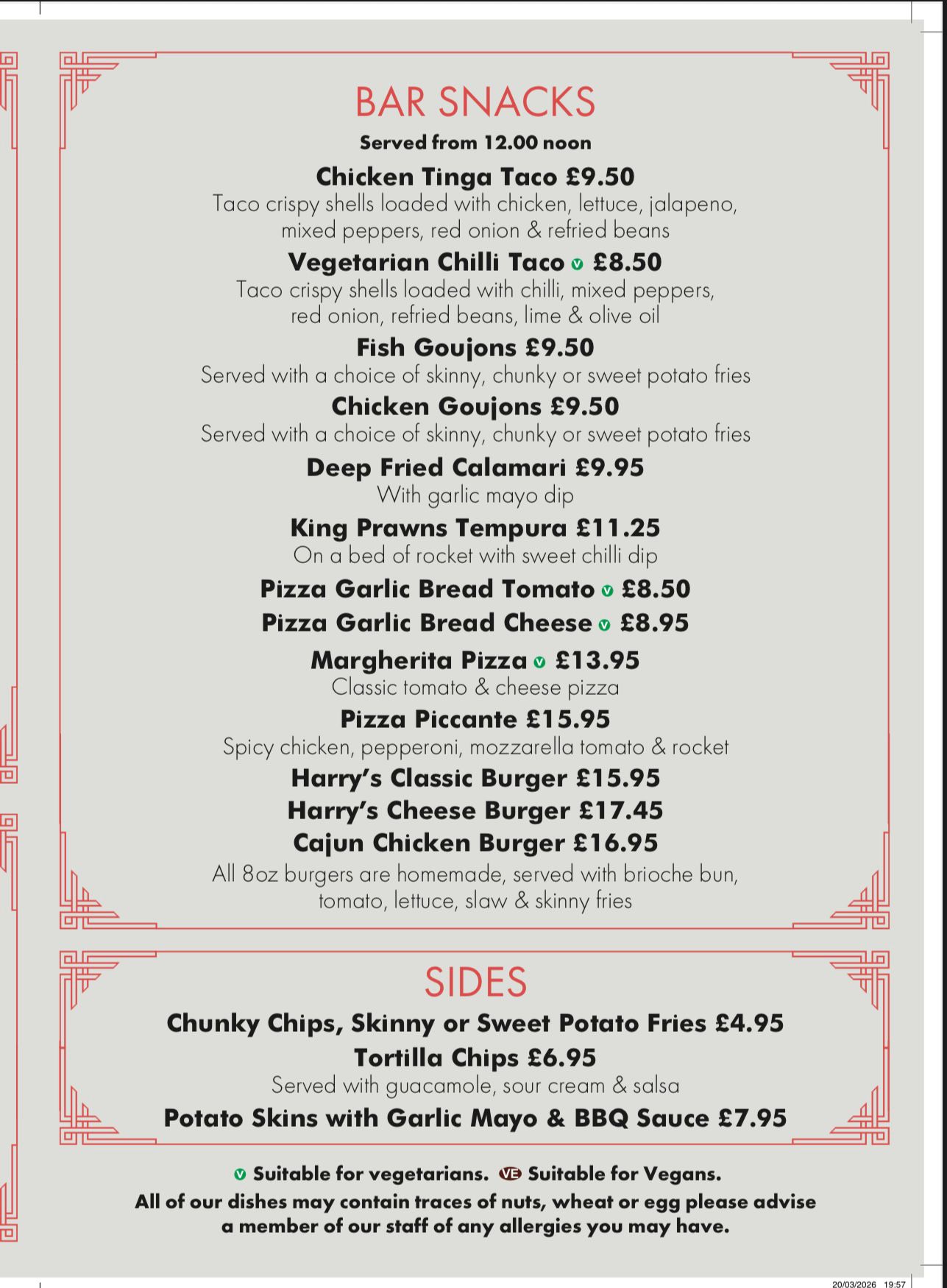Harry's Bar Newcastle - Bar Snacks Menu