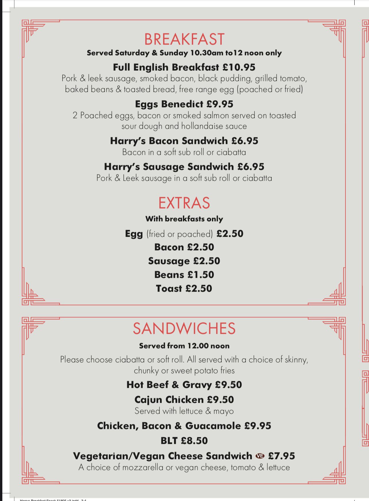 Harry's Bar Newcastle - Breakfast Menu